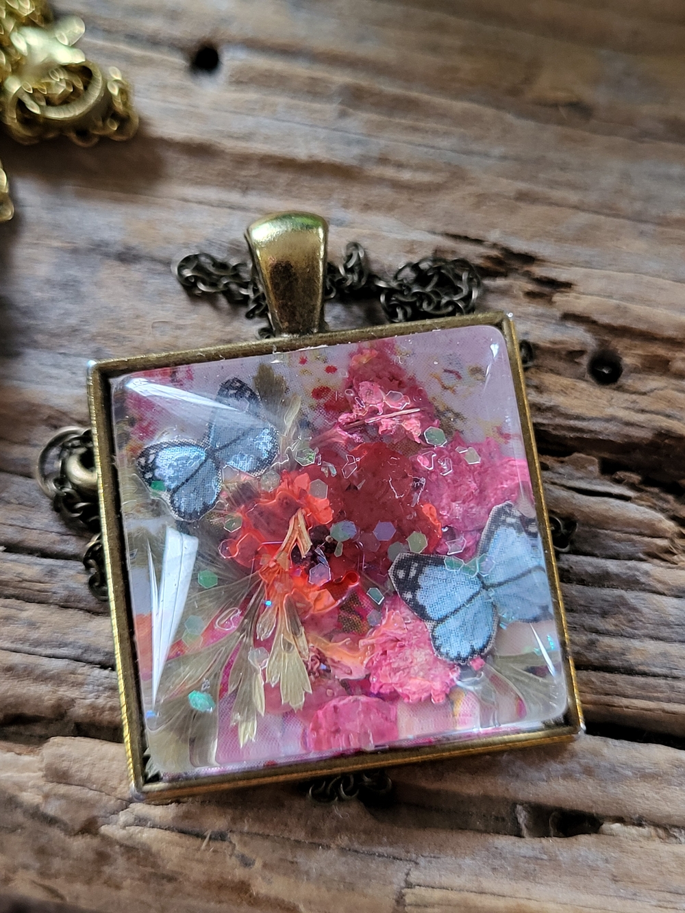 Handcrafted Pink Butterfly Glass  Cabachon Necklace